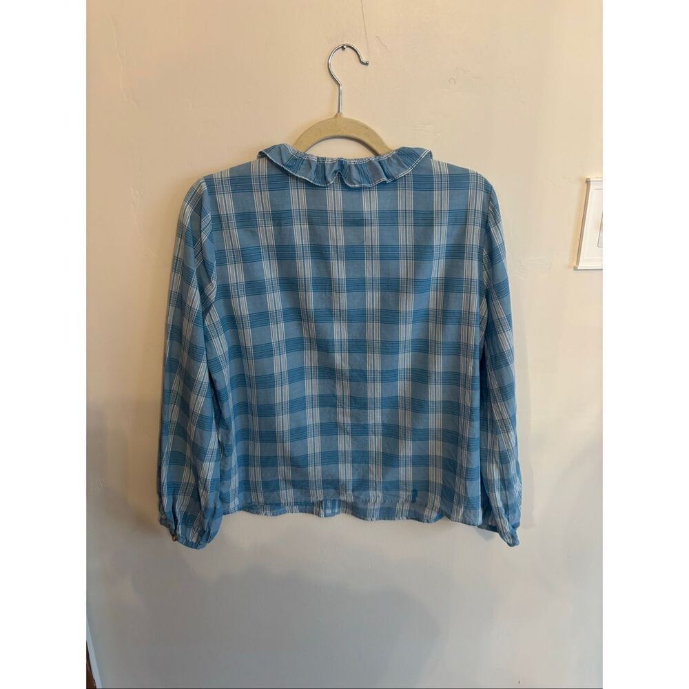 Madewell Colwell Plaid Ruffle Neck Blouse Small Blue Button Up Peasant Top Cotto - Picture 7 of 8